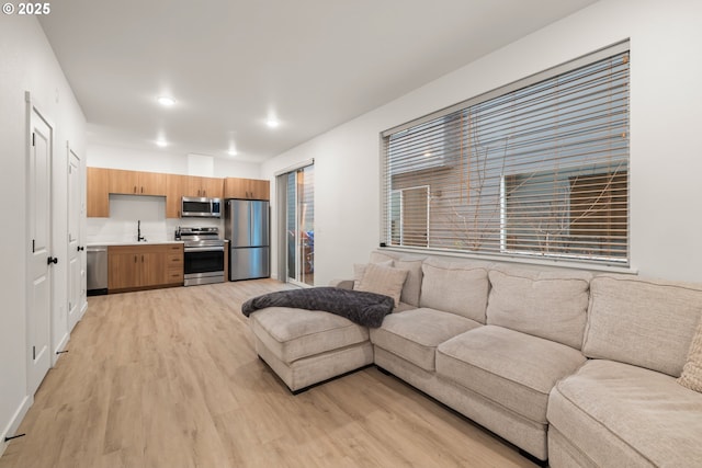 living room with sink and light hardwood / wood-style floors