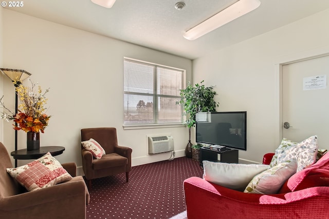 carpeted living room with a wall unit AC