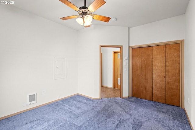 6309 NE 45th Ave, Portland, OR 97218 - unfurnished bedroom with carpet, electric panel, baseboards, ceiling fan, and a closet