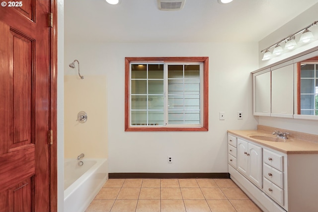 full bath with tile patterned floors, visible vents, vanity, and baseboards