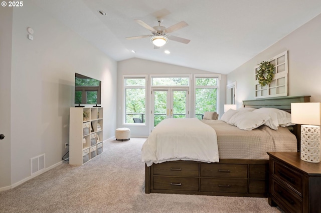18020 SE 370th Ave, Sandy, OR 97055 - bedroom featuring lofted ceiling, light carpet, baseboards, a ceiling fan, and french doors
