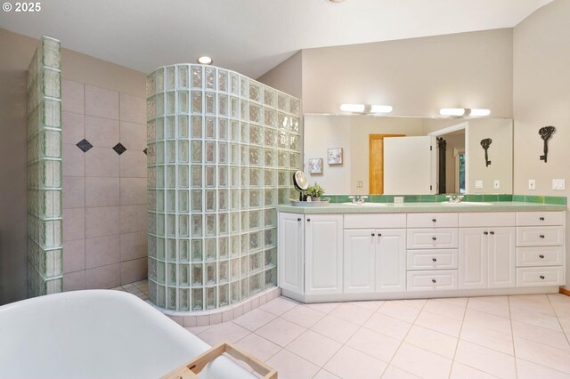 18020 SE 370th Ave, Sandy, OR 97055 - full bath featuring double vanity, a freestanding tub, walk in shower, and tile patterned flooring