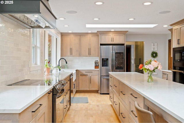18020 SE 370th Ave, Sandy, OR 97055 - kitchen with stainless steel refrigerator with ice dispenser, electric range, custom exhaust hood, light brown cabinetry, and recessed lighting