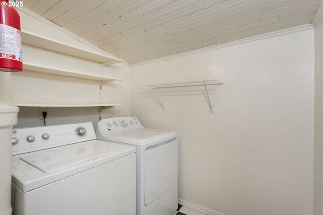 7733 NE Mason St, Portland, OR 97218 - washroom featuring independent washer and dryer and wooden ceiling