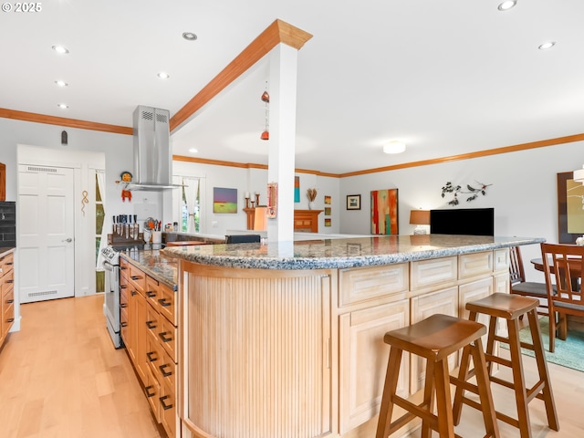 kitchen featuring ornamental molding, island exhaust hood, open floor plan, stainless steel range with electric cooktop, and light wood finished floors