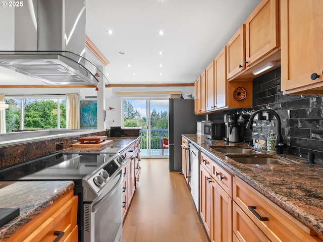 kitchen featuring a sink, plenty of natural light, appliances with stainless steel finishes, and island range hood