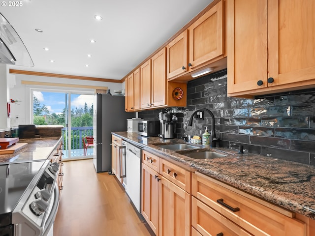 kitchen with tasteful backsplash, appliances with stainless steel finishes, dark stone counters, and a sink