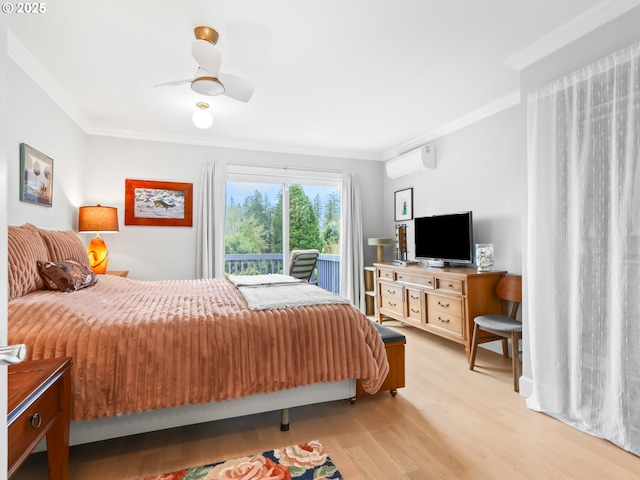 bedroom with a ceiling fan, ornamental molding, light wood-style floors, and a wall mounted AC