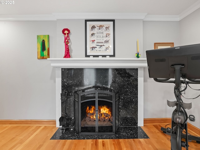 interior details featuring a fireplace with flush hearth, baseboards, wood finished floors, and crown molding