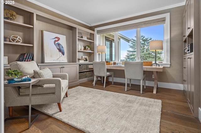 office featuring ornamental molding and dark hardwood / wood-style floors