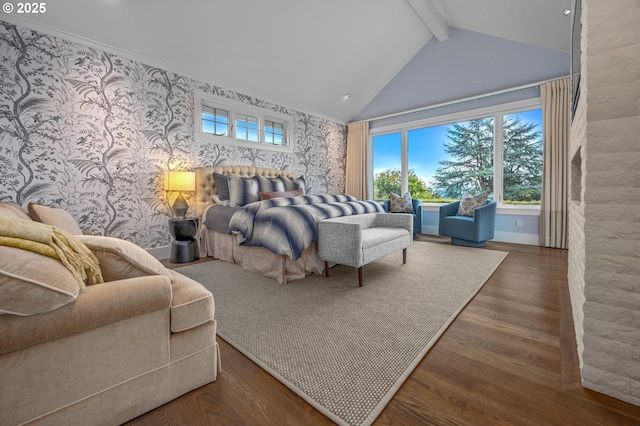 bedroom with beam ceiling, high vaulted ceiling, and dark hardwood / wood-style flooring