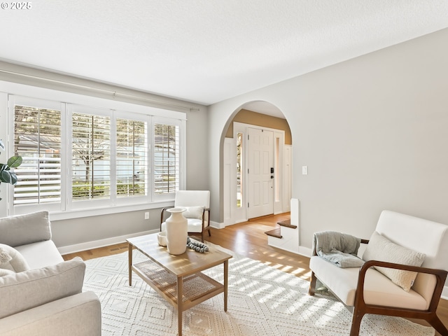 living room featuring a textured ceiling and light hardwood / wood-style floors