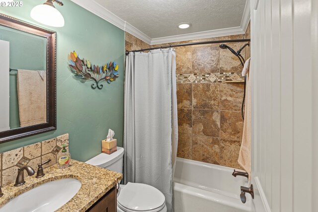 bathroom with toilet, shower / bath combo, a textured ceiling, vanity, and ornamental molding