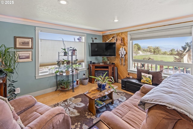 living room with crown molding, wood finished floors, baseboards, recessed lighting, and a textured ceiling