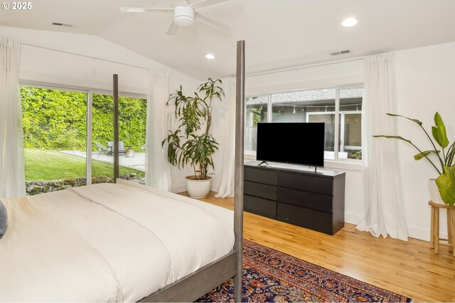 25 SW 143rd Ave, Beaverton, OR 97006 - bedroom with multiple windows, wood finished floors, vaulted ceiling, recessed lighting, and a ceiling fan