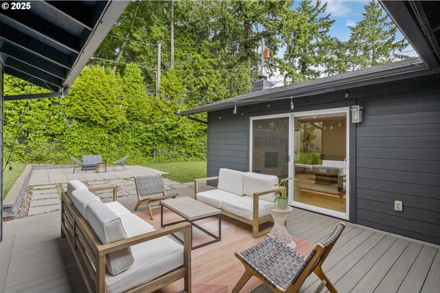 25 SW 143rd Ave, Beaverton, OR 97006 - back of property with a wooden deck, outdoor lounge area, and roof with shingles