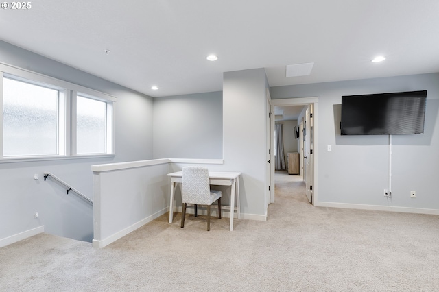 carpeted office featuring recessed lighting and baseboards