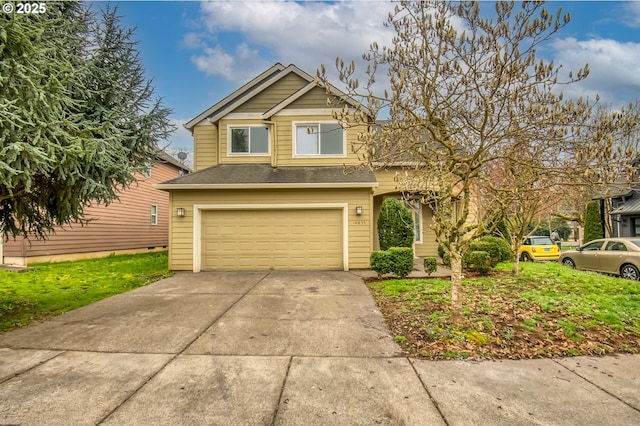 view of front of property featuring a garage, roof with shingles, and concrete driveway