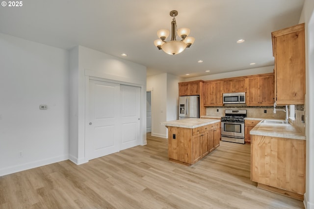 kitchen with a kitchen island, a sink, stainless steel appliances, tasteful backsplash, and light wood-type flooring