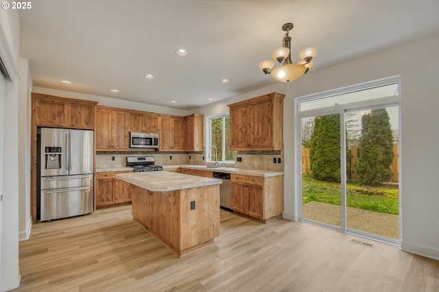 kitchen featuring light wood-type flooring, visible vents, backsplash, a center island, and stainless steel appliances