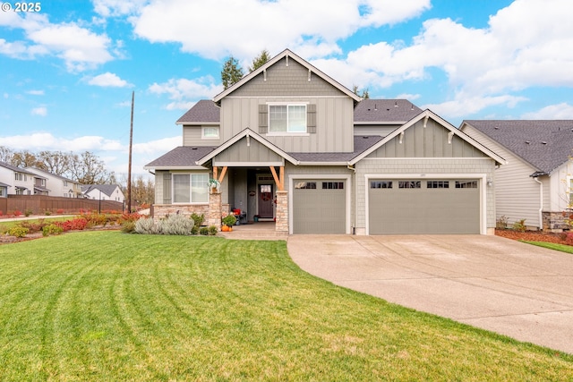 craftsman house with board and batten siding, concrete driveway, roof with shingles, and a front lawn