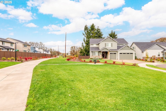 craftsman house with board and batten siding, a residential view, fence, and a front lawn