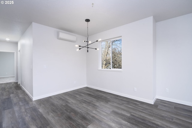 unfurnished dining area featuring an AC wall unit, dark hardwood / wood-style flooring, and a notable chandelier