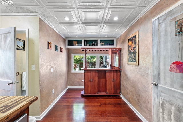1112 S 6th St, Cottage Grove, OR 97424 - corridor featuring dark wood finished floors, an ornate ceiling, and a textured wall
