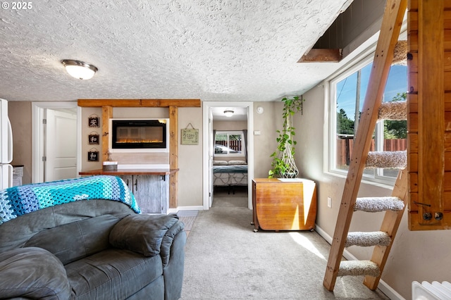 1112 S 6th St, Cottage Grove, OR 97424 - carpeted living room featuring radiator and a textured ceiling