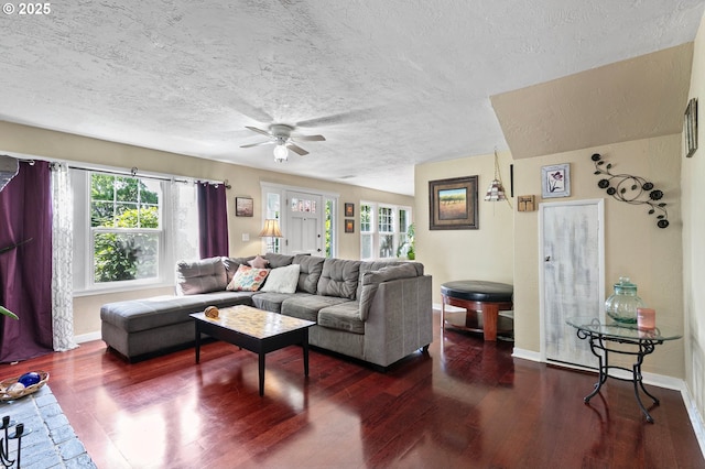 1112 S 6th St, Cottage Grove, OR 97424 - living area featuring wood finished floors, a textured ceiling, and ceiling fan