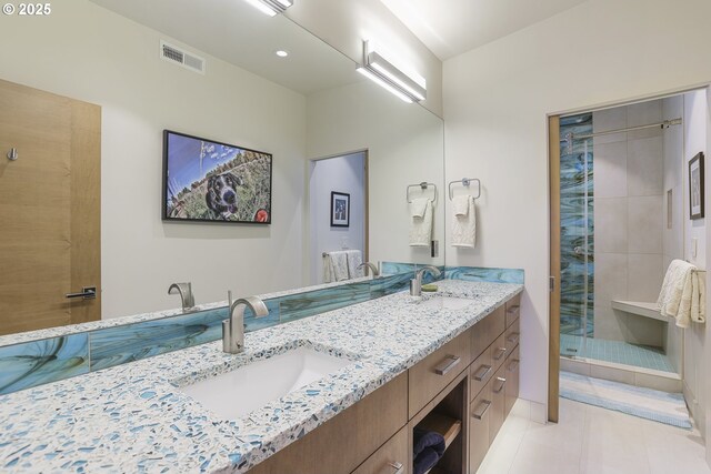 3939 N Marine Dr Unit 12, Portland, OR 97217 - full bathroom with double vanity, a shower stall, and tile patterned flooring