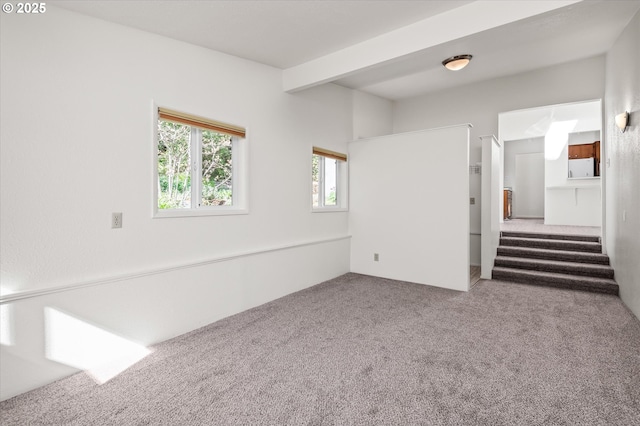 empty room featuring carpet floors and stairs