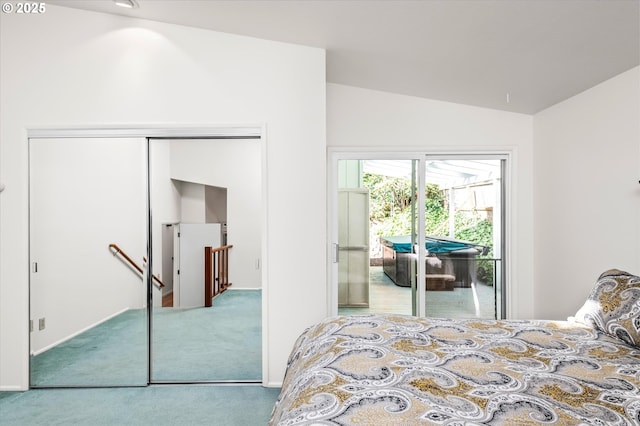 carpeted bedroom featuring baseboards, vaulted ceiling, and visible vents