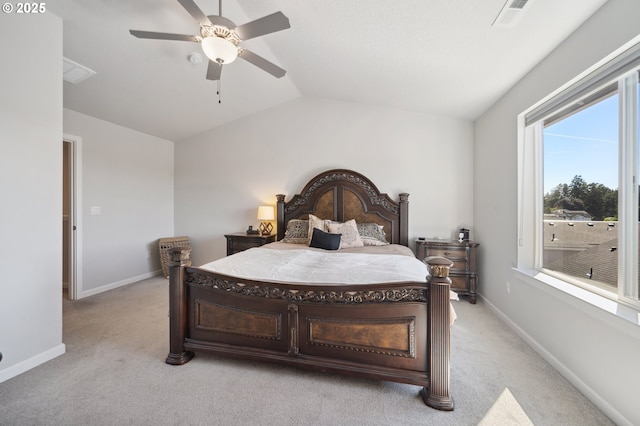 1540 19th Ave, Forest Grove, OR 97116 - bedroom featuring light carpet, vaulted ceiling, and a ceiling fan
