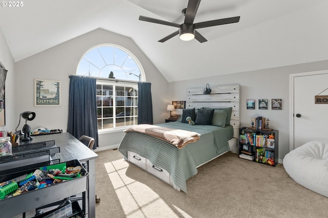 bedroom featuring lofted ceiling, light colored carpet, and ceiling fan