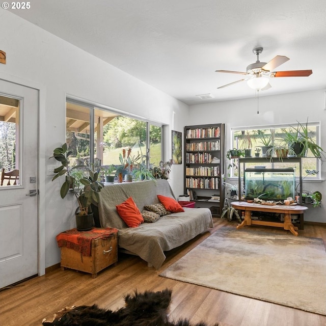 1104 Upper Cow Creek Rd, Azalea, OR 97410 - living area with wood finished floors and ceiling fan