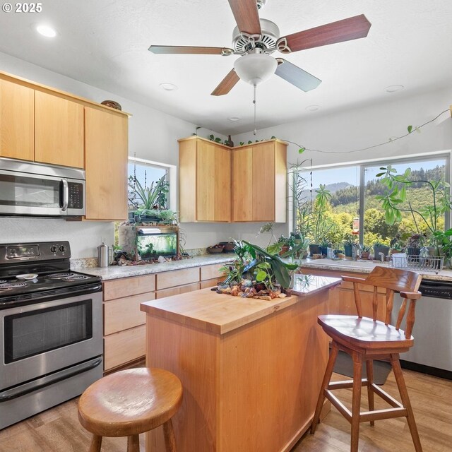 1104 Upper Cow Creek Rd, Azalea, OR 97410 - kitchen with stainless steel appliances, light brown cabinetry, butcher block countertops, light wood-style floors, and healthy amount of natural light
