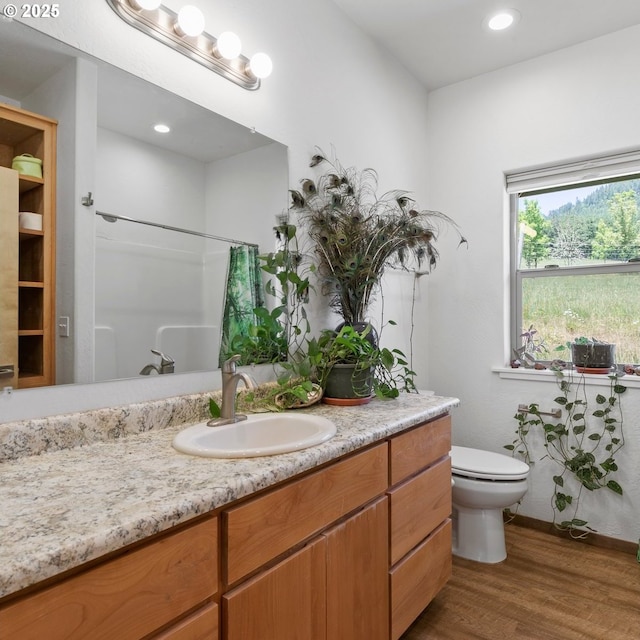 1104 Upper Cow Creek Rd, Azalea, OR 97410 - bathroom featuring wood finished floors, vanity, toilet, curtained shower, and baseboards