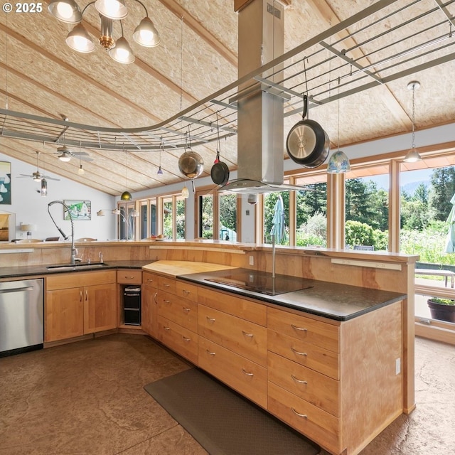 1104 Upper Cow Creek Rd, Azalea, OR 97410 - kitchen featuring stainless steel dishwasher, black electric stovetop, lofted ceiling, a sink, and pendant lighting
