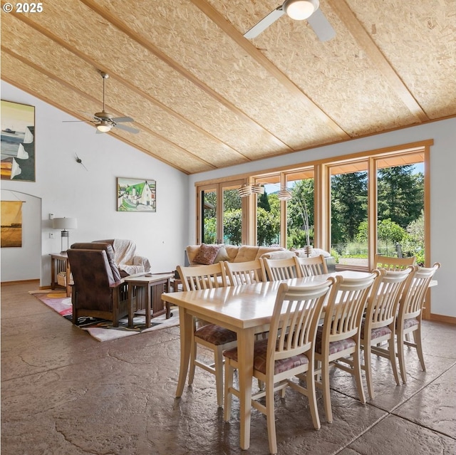 1104 Upper Cow Creek Rd, Azalea, OR 97410 - dining area with a ceiling fan, vaulted ceiling, and plenty of natural light