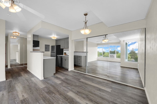 1313 Lincoln St Unit 708, Eugene, OR 97401 - kitchen with ceiling fan, gray cabinetry, dark wood-style floors, open floor plan, and electric panel