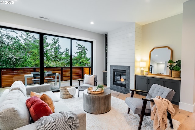 living room featuring a fireplace and light hardwood / wood-style floors