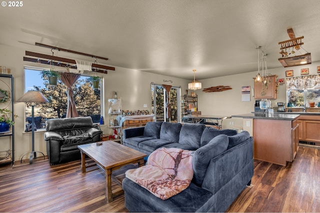 living room featuring sink, a wealth of natural light, and dark hardwood / wood-style flooring