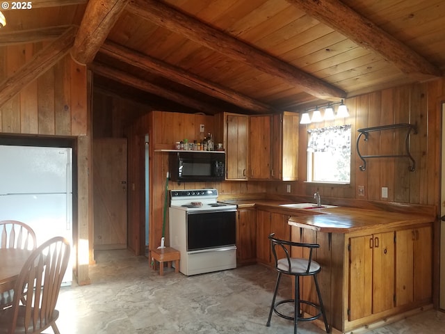 kitchen featuring wood ceiling, wooden walls, sink, and electric range oven