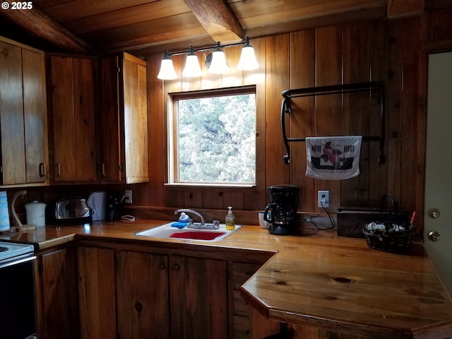 kitchen with sink, wood ceiling, hanging light fixtures, range with electric stovetop, and beam ceiling