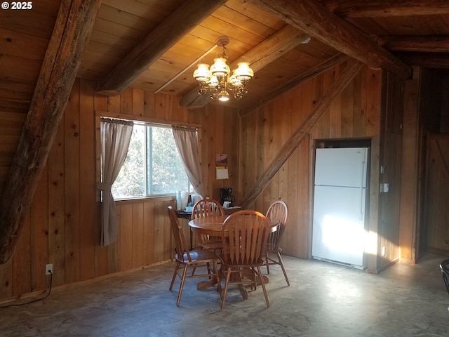 dining space featuring wooden walls, an inviting chandelier, wooden ceiling, and beam ceiling