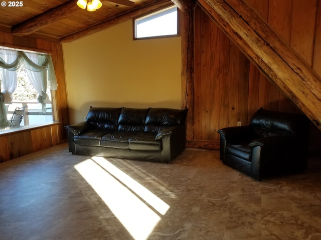 interior space with vaulted ceiling with beams, wood ceiling, and wooden walls