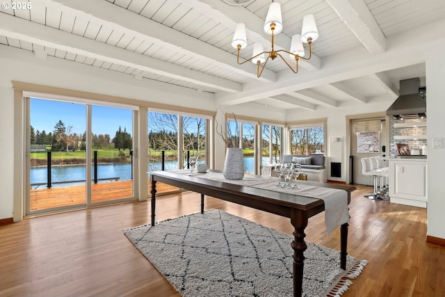 interior space with a water view, beamed ceiling, wood ceiling, and a notable chandelier