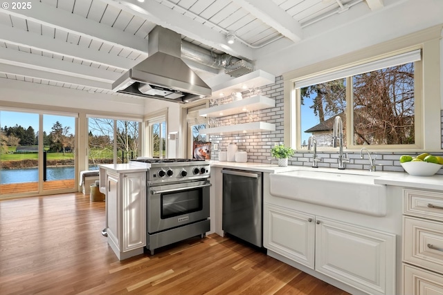 kitchen with sink, white cabinetry, stainless steel appliances, a water view, and island range hood