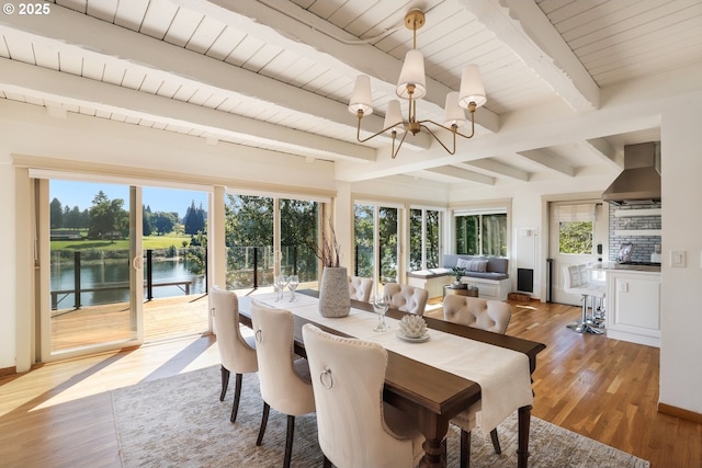 10150 S Riverside Dr, Portland, OR 97219 - sunroom featuring a chandelier, beam ceiling, and a water view